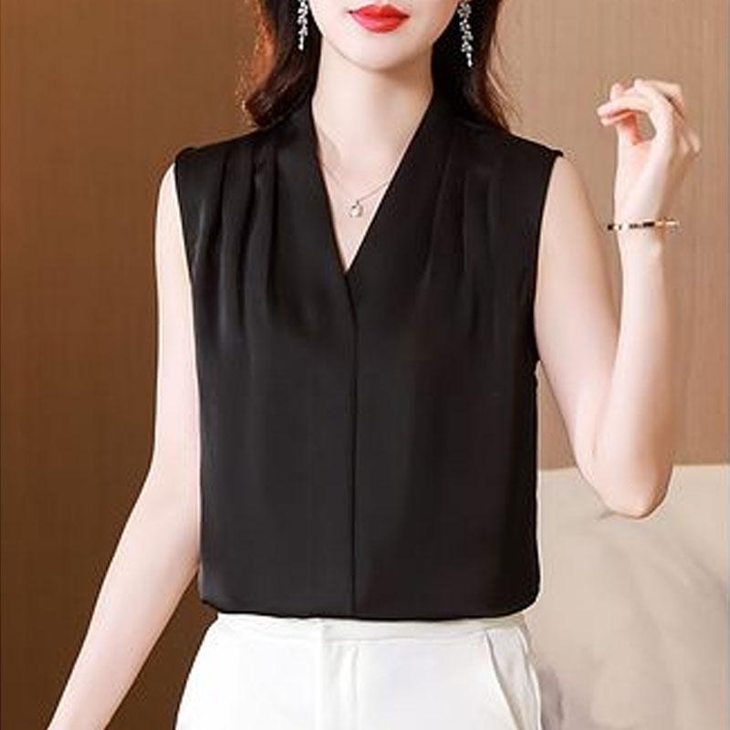 Elegant V-Neck Fashion V-Neck Blouse Women's Clothing Solid Color French Style Summer Sleeveless Commute Basic Spliced Shirt New