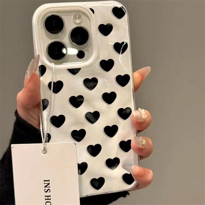 INS Korean Pink Heart Folds Texture Case For iPhone 17 16 15 14 13 12 11 Pro Max 16 Plus Candy Color Shockproof Soft Back Cover