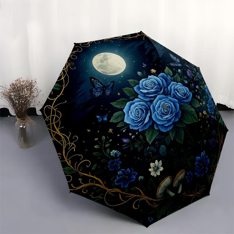 Blauer Rosengarten Mondnacht Regenschirm, Tragbarer 3-fach Regenschirm für Männer & Frauen, Weihnachtsgeschenk ES351