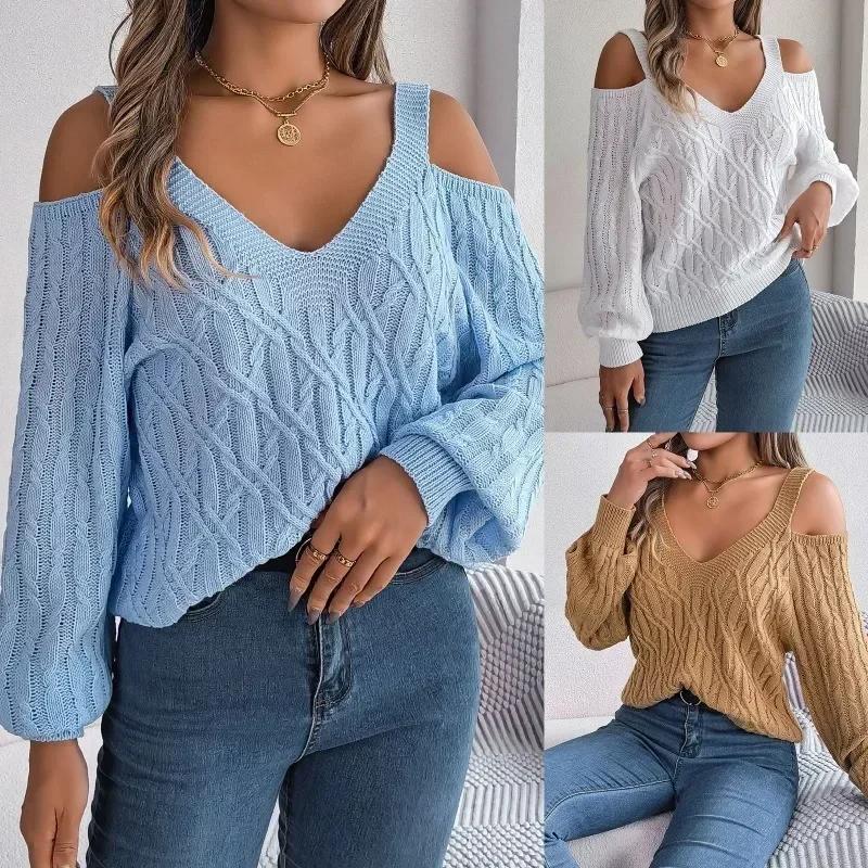 Vintage Long Sleeve Knitted Sweater Casual Solid Twist Off-Shoulder Pullover Winter Clothes Fashion Women Clothes Jumper 30105