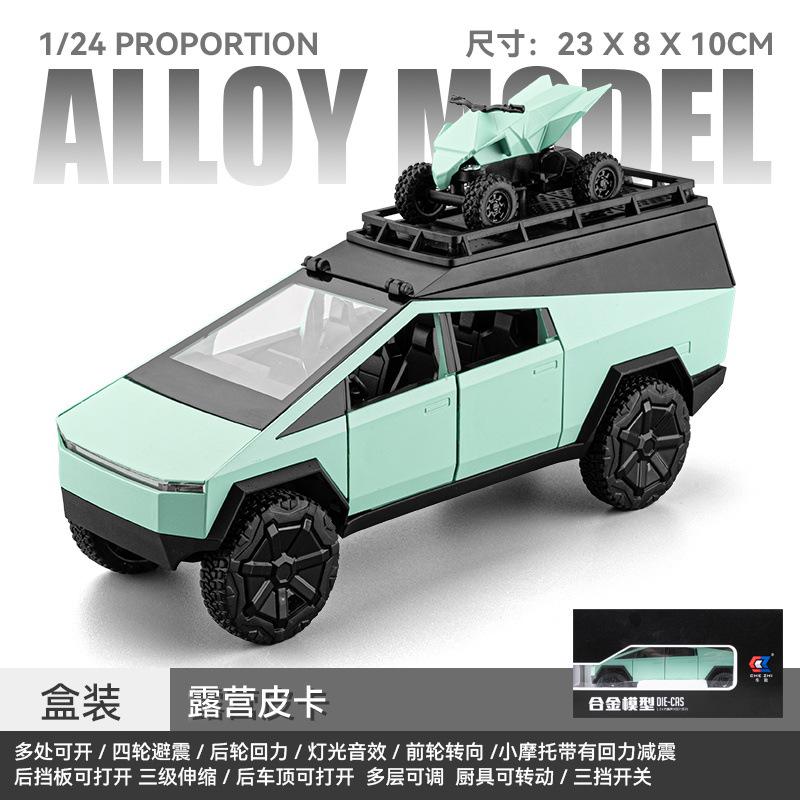 1:24 Cybertruck Camping Pickup With Motorcycle SUV Off Road Alloy Car Diecast Model Collect Hobby Display Ornaments Children Toy