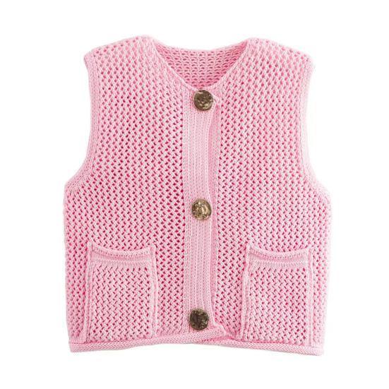 Women Knitting Vest V-Neck Sleeveless Single-Breasted Pocketed Knitting Waistcoat Versatile Solid Color Knitwear
