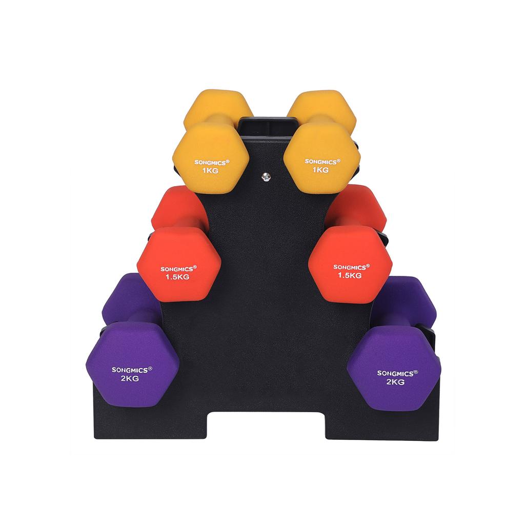 SONGMICS Hex Dumbbells Set with Stand, 2 X 1 Kg, 2 X 1.5 Kg, 2 X 2 Kg, Hand Weights with Neoprene Matte Finish, for Home Exercise, Yellow, Orange