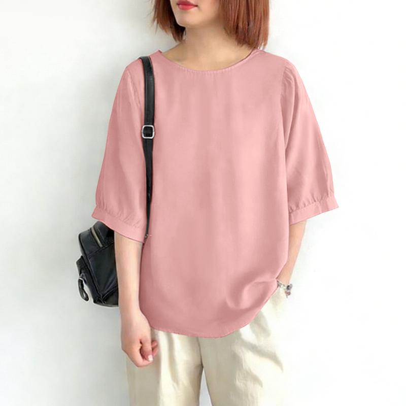 ZANZEA Women Casual Crew Neck Solid Color Loose Half Sleeve Blouse