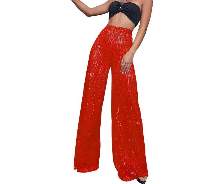 Pantaloni da Donna a Gamba Larga Lunghi Fino ai Piedi con Perle e Paillettes alla Moda 2025