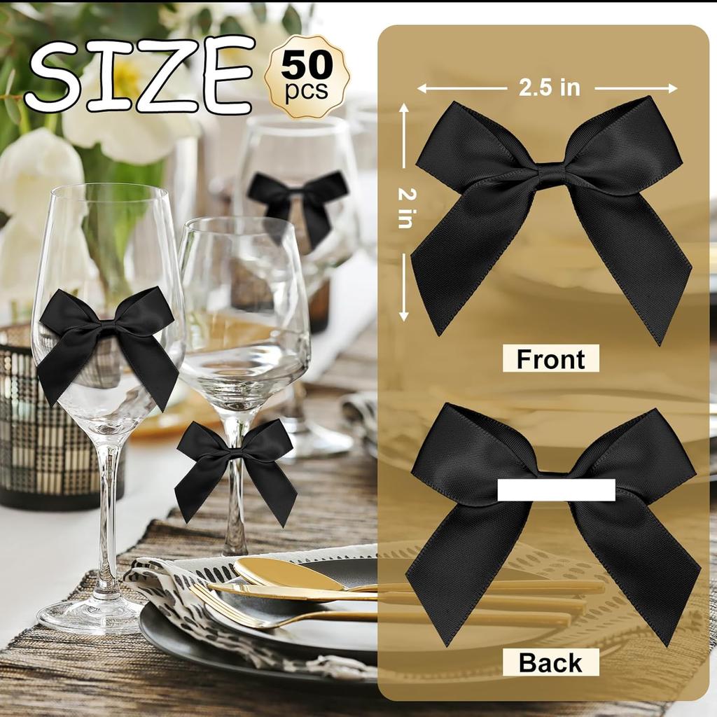 Satin Ribbon Black Bow Decor 2." Self Adhesive Premade Bows for Gift Wrapping Black Mini Bow for Treat Bags Party Favors Wedding Decorations - 50