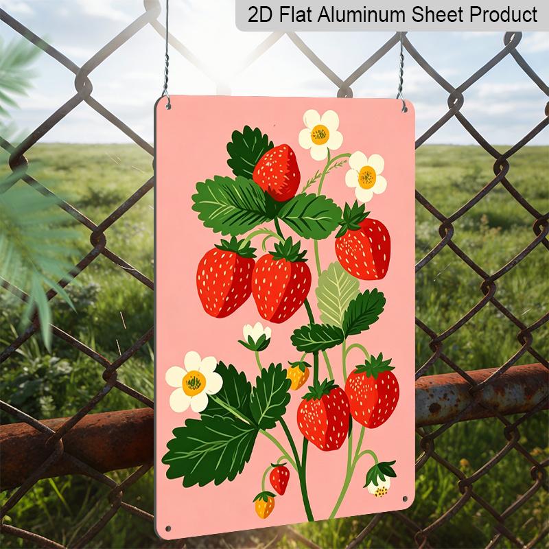 2D Flat, Pink Strawberry Plant Aluminum Sign - Retro Fruit Garden Wall Decor Kitchen Decor, Pantry, Garden Decor, Farmhouse Decor, Cottage Decor