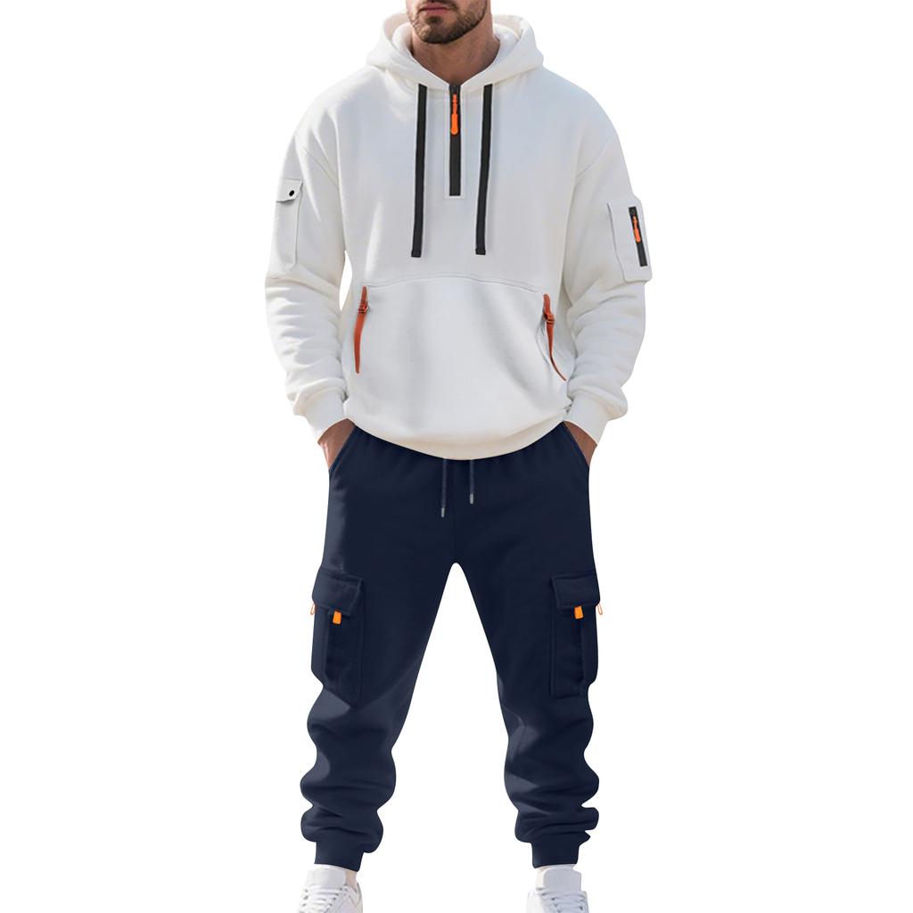 Men's Solid Color Casual Suit Loose Sports Hooded Sweatshirt With Pockets Multi Pocket Overalls Suit