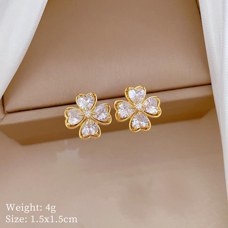 Necklace Earrings Set Light Luxury Full Diamond Four-Leaf Flower Love Personality Temperament Banquet Earrings Item Group