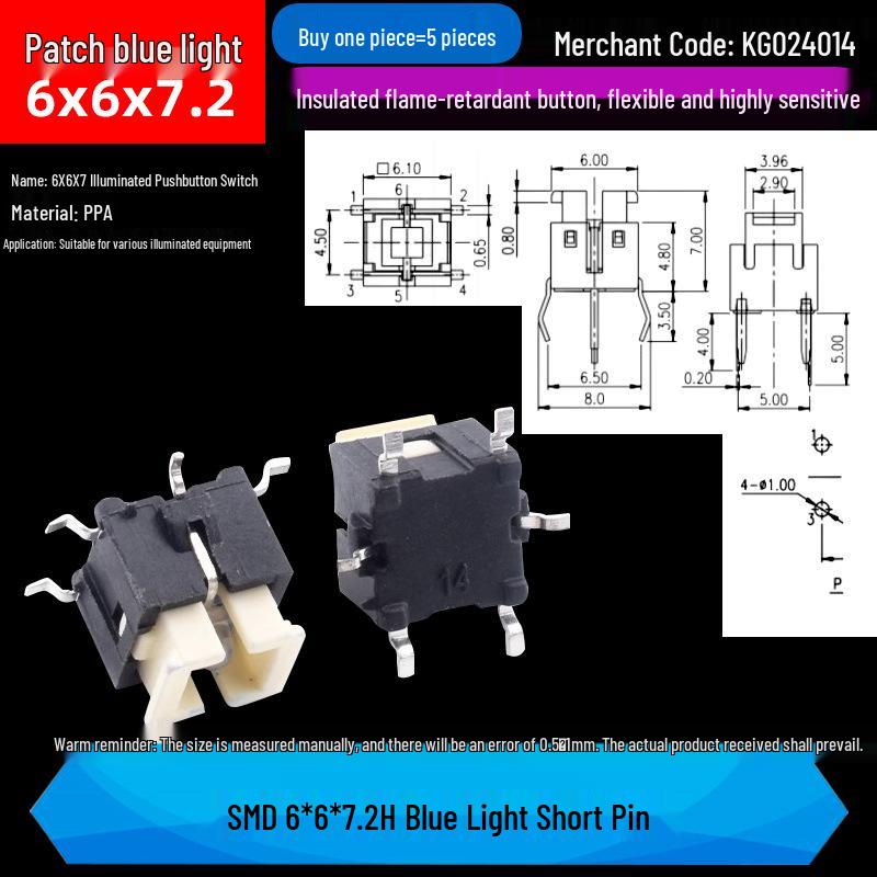 LED Luminous Tactile Switch 6x6x7/7.2mm Through-Hole Reset Button