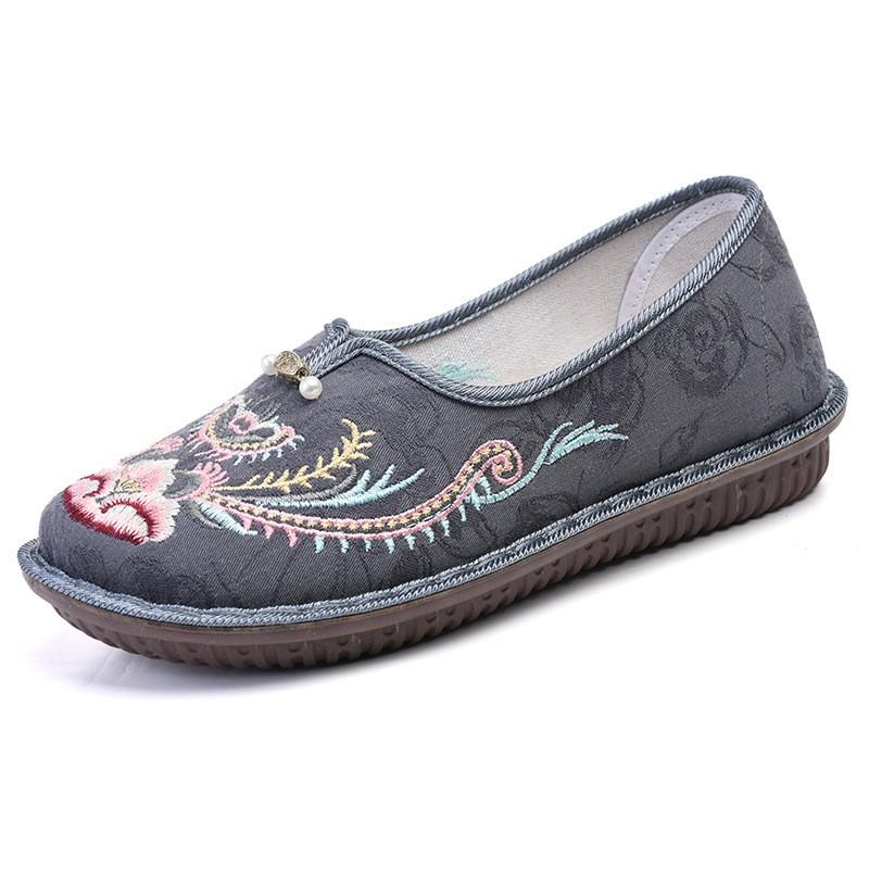 Womens Comfortable Flat Slip-On Shoes With Floral Embroidery Non-Slip Rubber Sole Cotton Upper Insole