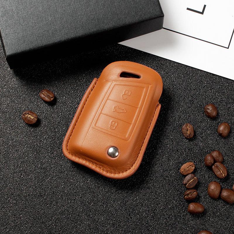 Genuine Leather Key Case for Volkswagen Sagitar, Lavida, Tiguan L, Lamando, Bora - 3D Full Wrap & One-Button Start.