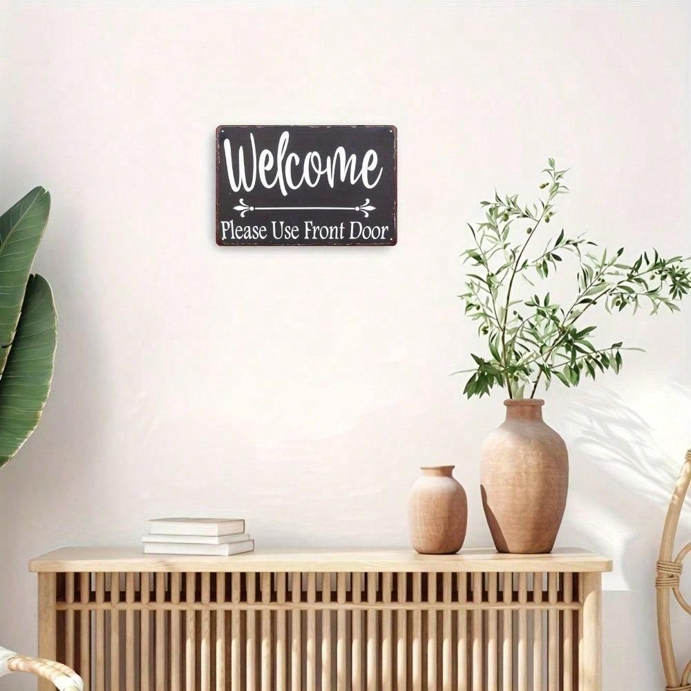 1pc Welcome Please Use Front Door Metal Sign 8x12 Inch Rustic Directional Plaque Unframed Wall Art Entryway Porch Decor