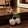 Decorative Cherry Keychain Double Rhinestone Keychain, Oil Dripping Green Leaf Fruit Compact Key Decor Car Ring, Accessories for Handbags Backpacks