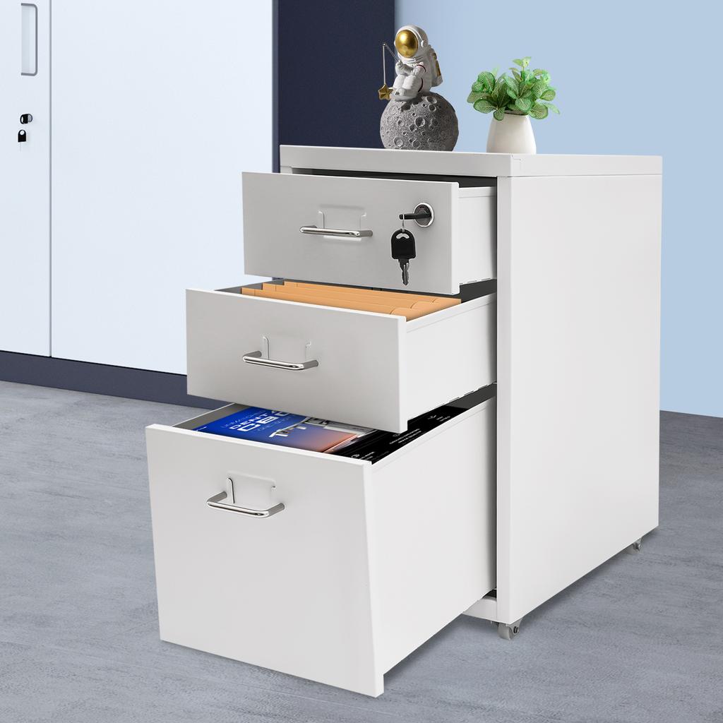 3-Drawer Metal File Cabinet W/ Wheels & Lock, White Office Storage Cabinet, Vertical Rolling File Organizer, Mobile File Drawer