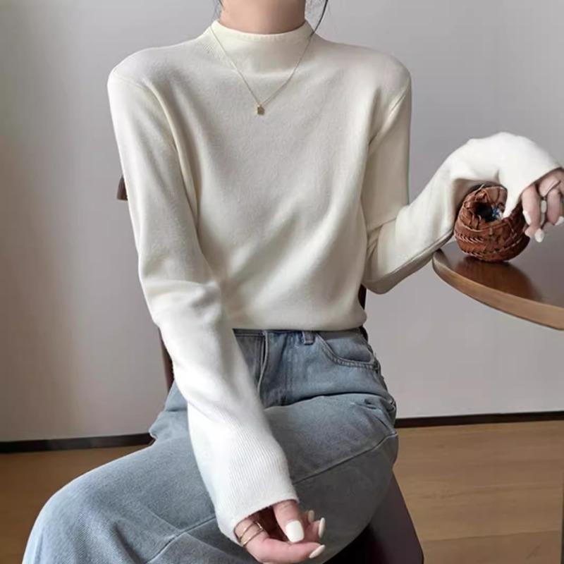 Gentle temperament semi-turtleneck loose and thin long-sleeved knitted sweater for women's autumn soft waxy warm inner sweater