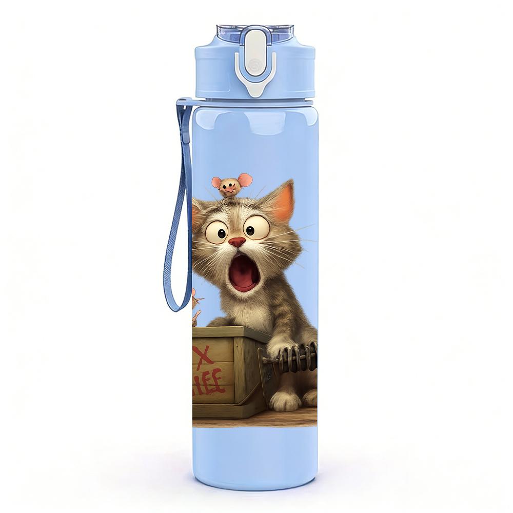 1PC Surprised Tabby Cat Bust 750ml Color Plastic Sports Water Bottle Leakproof Flip Straw Lid For Sports Office Home Use