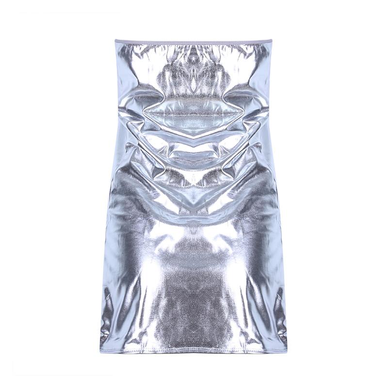 Seksowny Błyszczący PU Skórzany Gorset Body Sukienka Krótka Bez Rękawów Mini Spódniczka