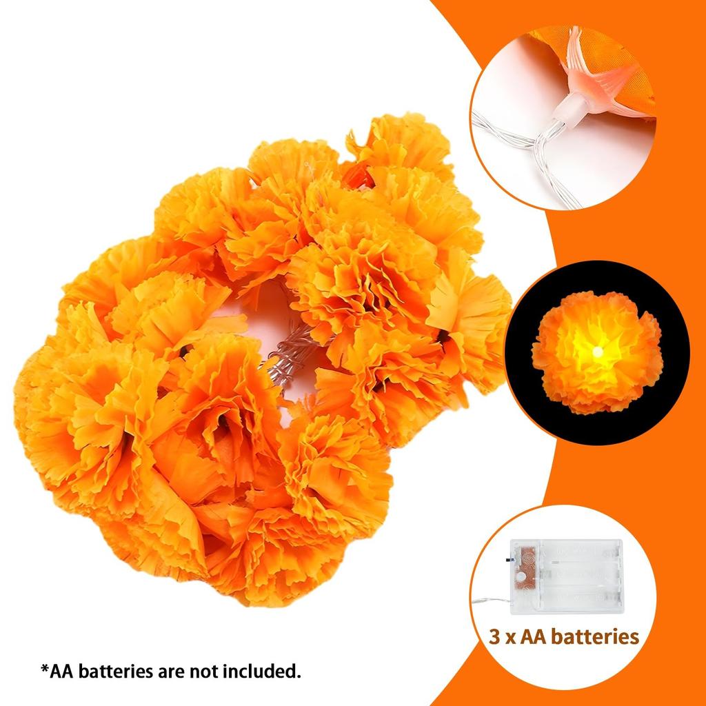 Artificial Marigold String Lights, Hanging String Lights Decorations, For Diwali, Horror Atmosphere Decorations, Total Length 10 Feet, 20 Lights