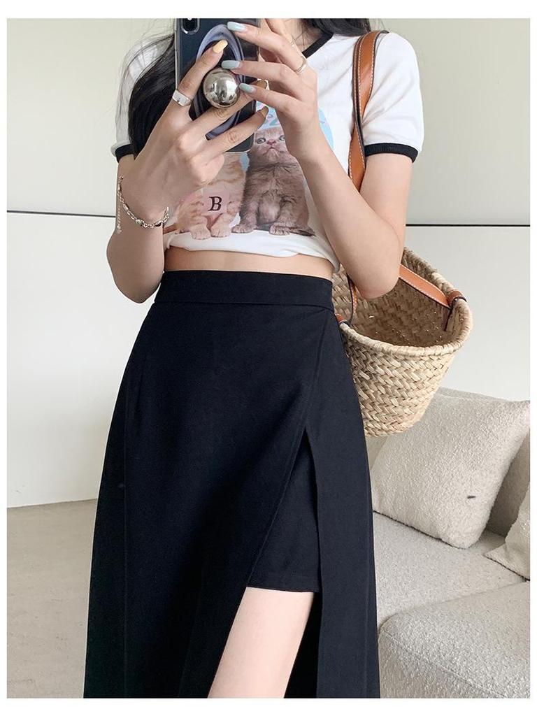 Women's Black High-Waist Slit A-Line Midi Skirt for Autumn