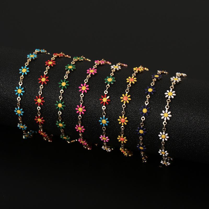 1pc Exquisite Enamel Daisy Flower Stainless Steel Ladies Bracelet Bohemian Style, Vacation Fashion Accessory