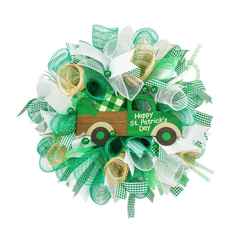 St. Patricks Day Clover Wreath Shamrock Silk Ribbon Decor Home Outdoor