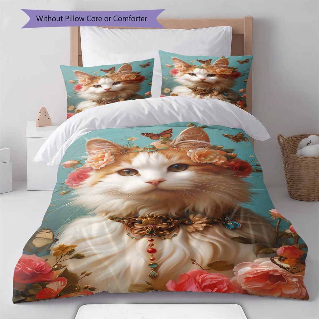 Orange Cat Pattern Bedding Quilt Set Quilt Cover Pillowcase Home Decoration Gift (1 * Duvet Cover + 2 * Pillowcase, Without Core)
