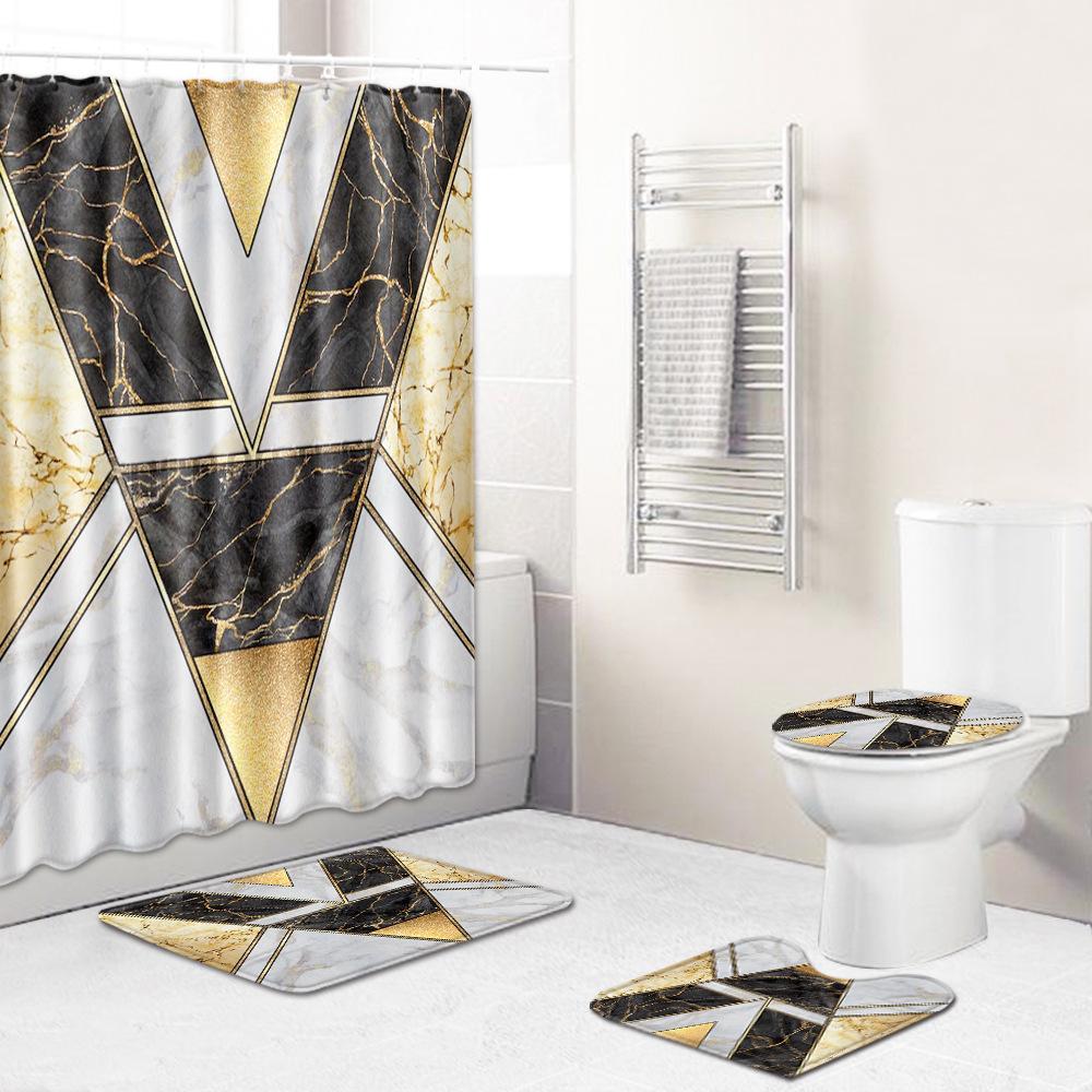 Marble Texture Printing Bathroom Non-Slip Floor Mat Shower Curtain Combination Carpet European And American Style