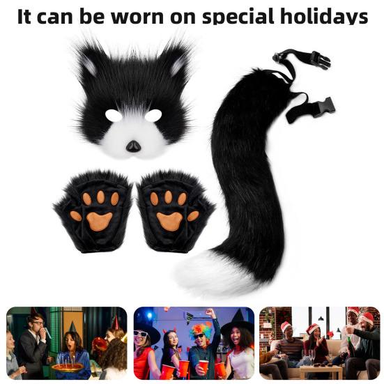 Furry Therian Kostýmová sada pro dívky ženy ocas z umělé kožešiny plyšová maska nadýchané tlapkové rukavice sada liška kočka vlk zvíře cosplay doplňky