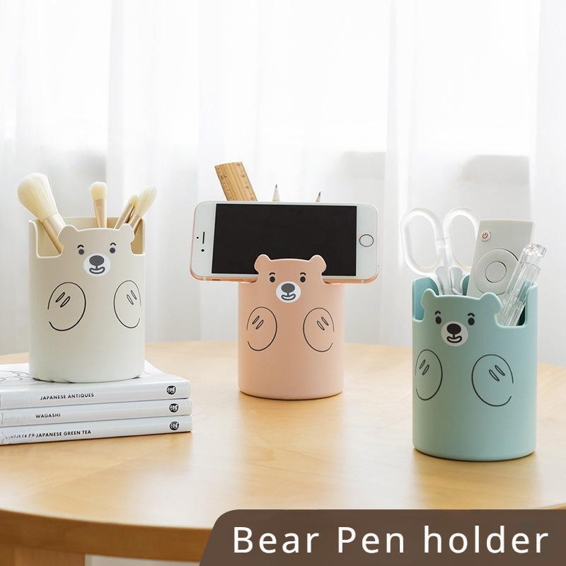 Cute Cartoon Bear Pen Holder Creative Mobile Phone Holder Makeup Brush Storage Bucket Office Desktop Accessories