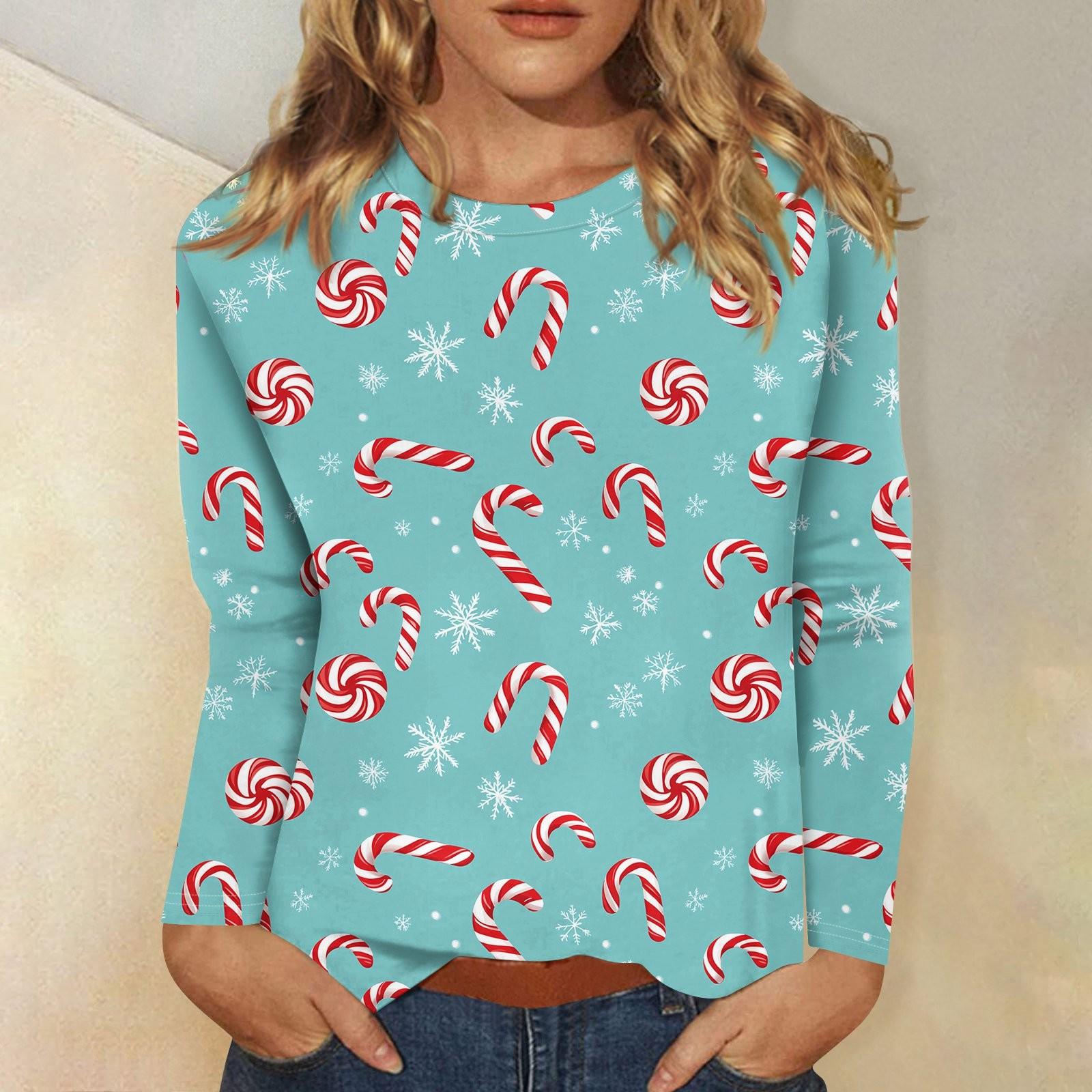 

Женская мода повседневная рождественская печать круглый вырез длинный рукав декоративная футболка топ XXXXXL циан