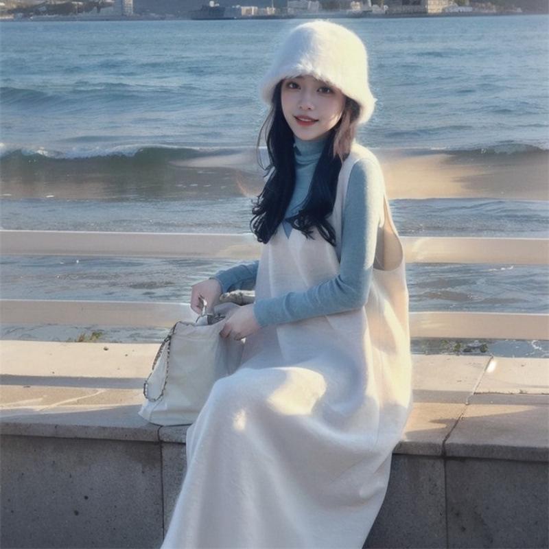 

Комплект однотонной рубашки с высоким воротником и свободного платья-жилета в корейском стиле для женщин Base Shirt Only