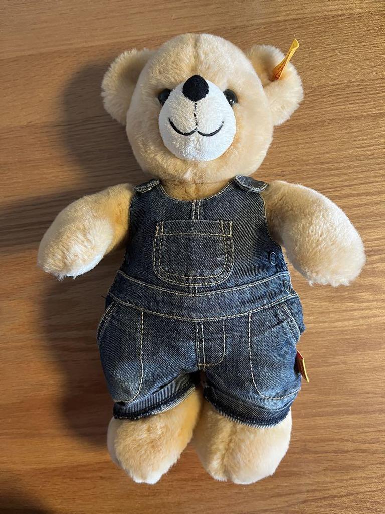 [USED] Steiff denim overalls and a stuffed Steiff teddy bear, Louis Bear.