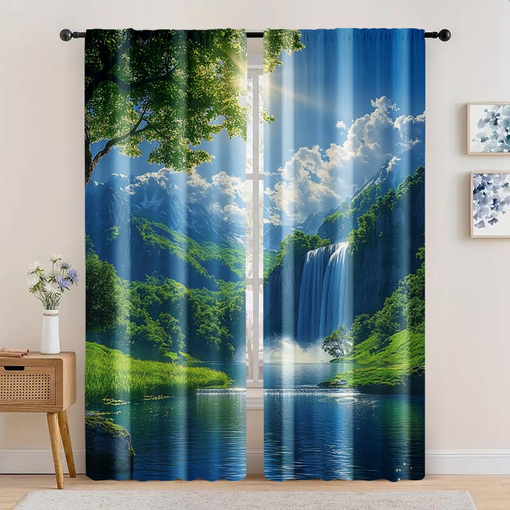 2pc,   Scene Curtains curtainWith waterfalls, green grass and blue sky Machine Washable Polyester,Without Electricity Versatile