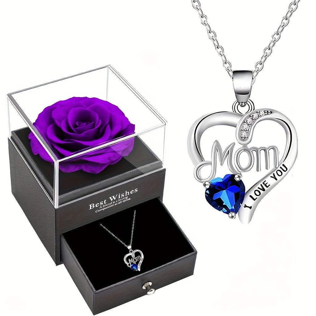 Luxury Soap Rose Gift Box with Purple Rose & "MOM I Love You" Heart Pendant Necklace - Elegant Mother's Day Anniversary