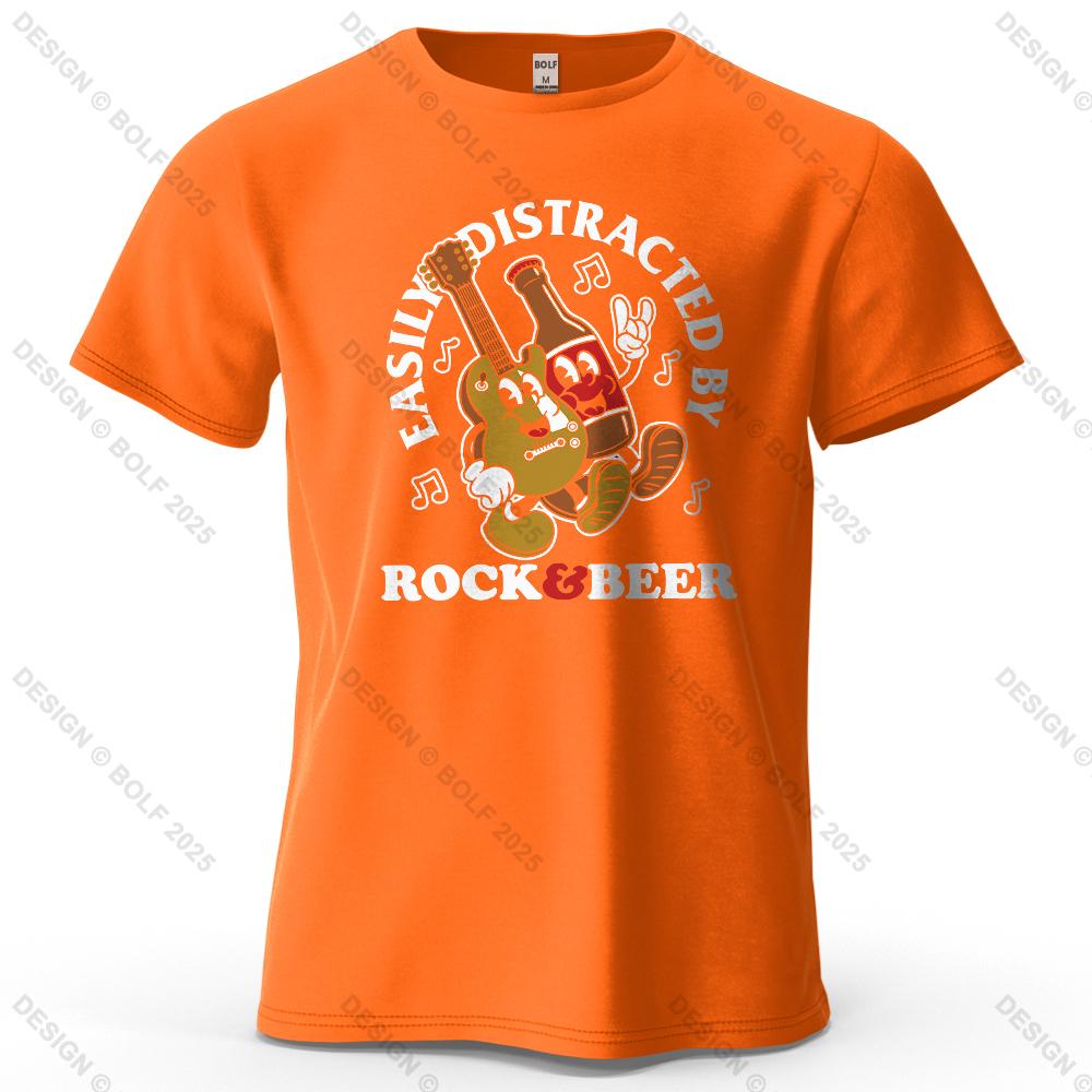 Rock And Beer Easy Distraction Print Loose Retro Meme Pattern Tshirt For Women Round Neck Tshirt Personalized Streetwear