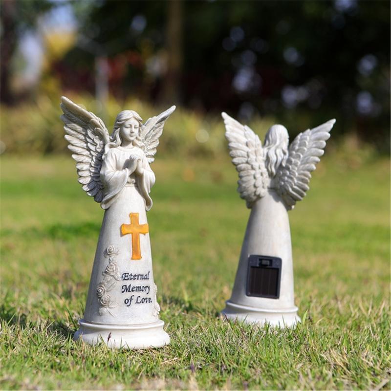 Statui Înger Grădină Rășini Decorațiuni Exterioare, Figurine Îngeri Solare Luminoase pentru Decorațiuni Grădină Curte Artă Cadou Comemorativ