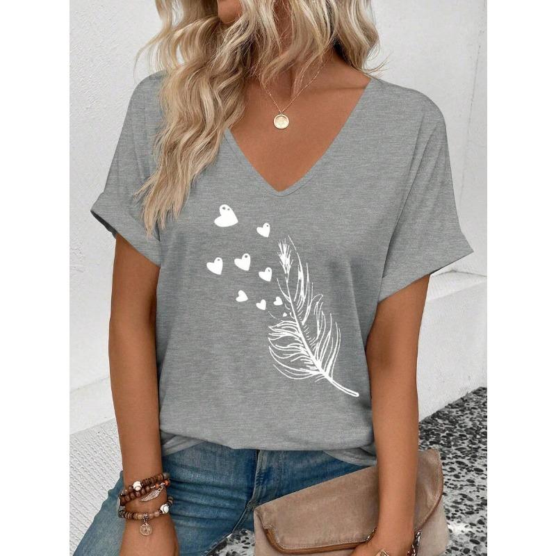 

Повседневная женская футболка с V-образным вырезом, летняя модная футболка с коротким рукавом, простой узор, напечатанный, универсальный размер, женская одежда 3XL