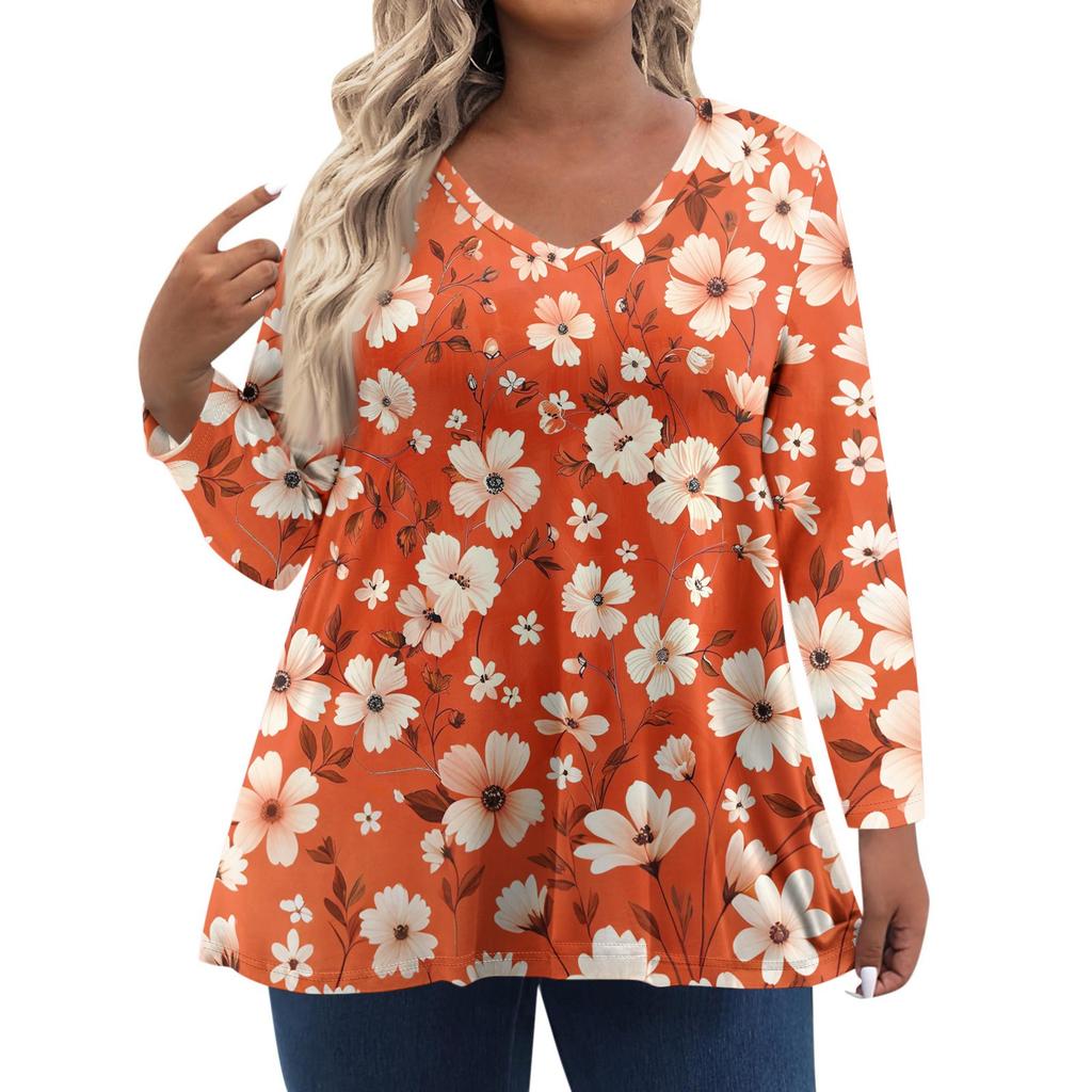 Modisches lässiges Langarm-Oberteil für Damen in Übergröße mit Blumenprint Übergröße Blumenprint-Oberteil