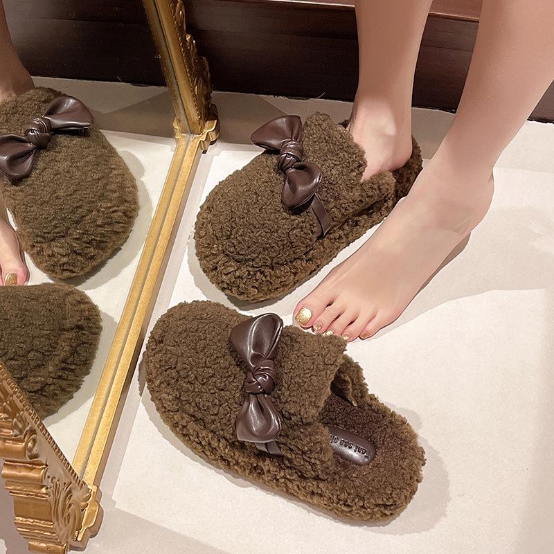 Schleifen mit dicken Sohlen, flauschige Schuhe mit einem Pedal, Kinder tragen neue Doudou-Baumwollschuhe im Herbst und Winter und Fleece.