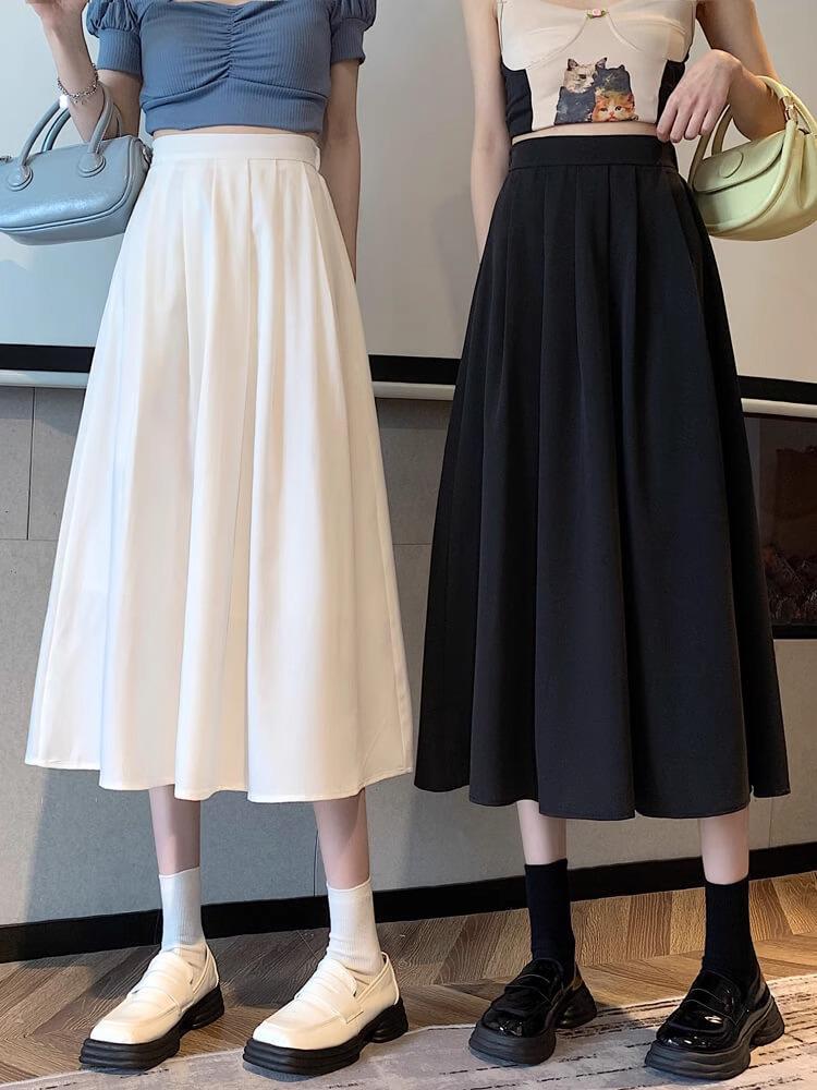 Women's Black High-Waist Pleated Slimming Midi A-line Skirt