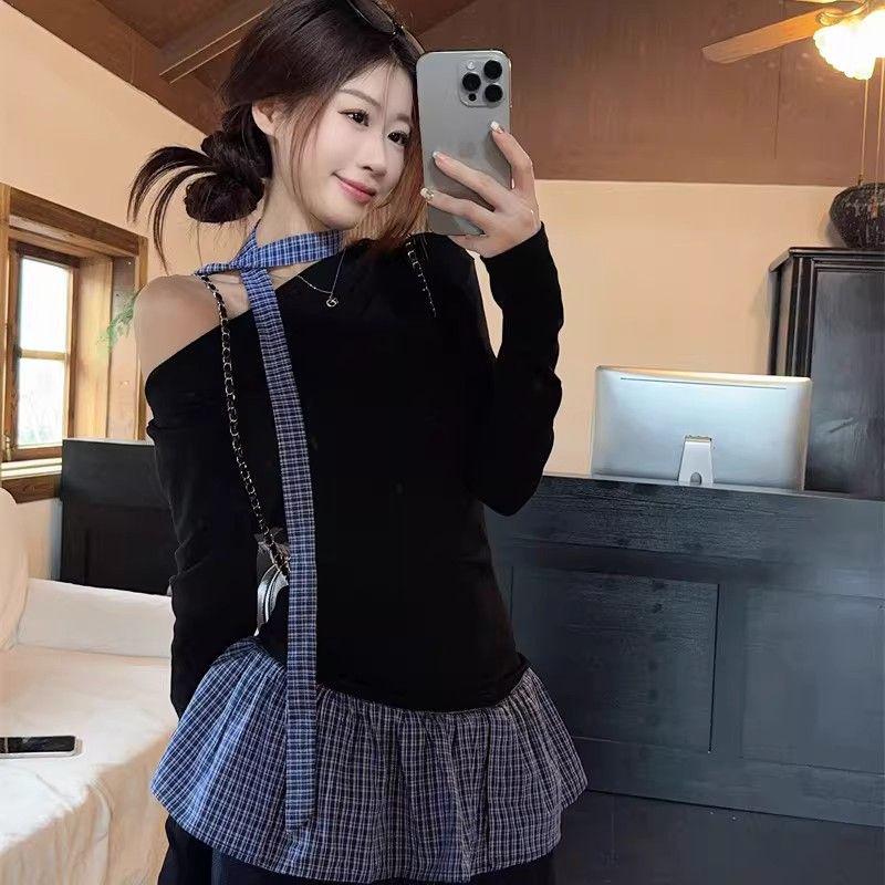 Chic Plaid Spliced Off-Shoulder Slim-Fit Long-Sleeve Women s Top Extra Large чёрный