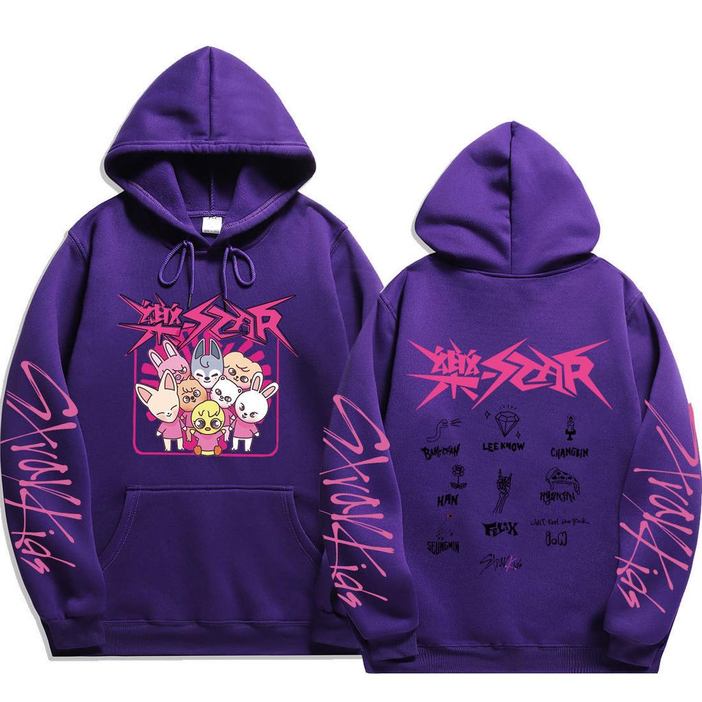 Stray Kids Pullover Hoodie Front Pink Punk Cartoon Member Names Graphic Kangaroo Pocket Drawstring Hood Oversized Unisex K‑Pop Streetwear Fan Merch