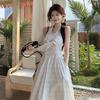 Gentle Wind Striped Bow Neck V-neck Dress Women's Summer Seaside Vacation A-shaped Dress French Temperament Long Dress
