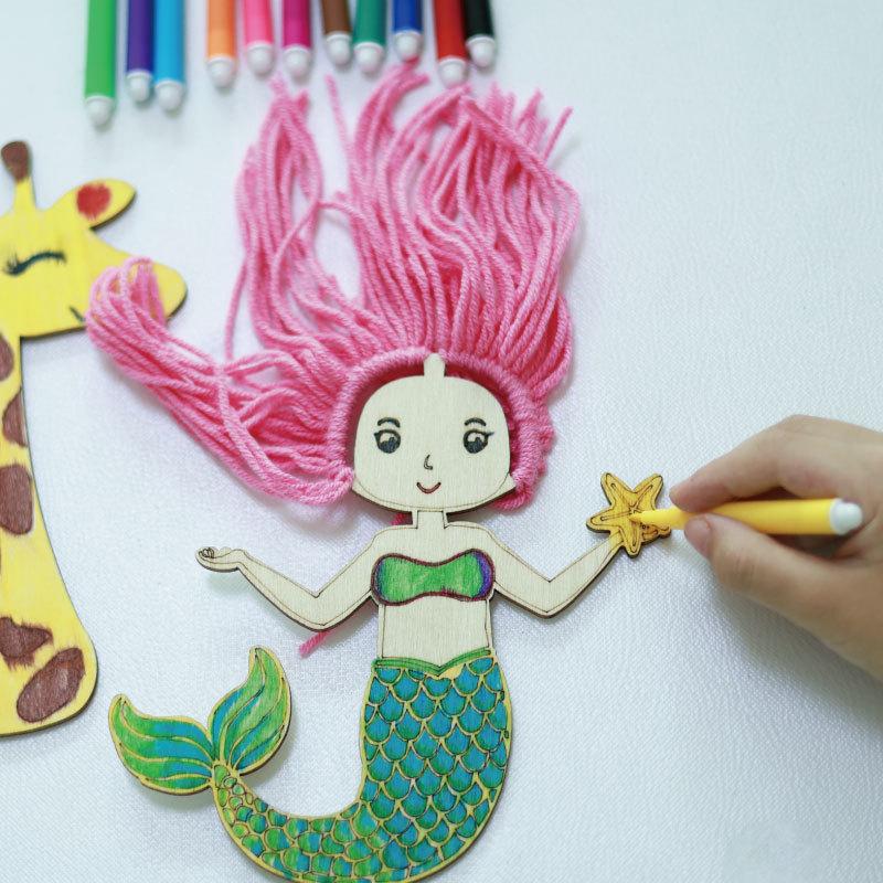 12pcs Mermaid Wooden Hanging Crafts Kit DIY Painting Birthday Coloring Set Ornament Knotting Gift Supplies