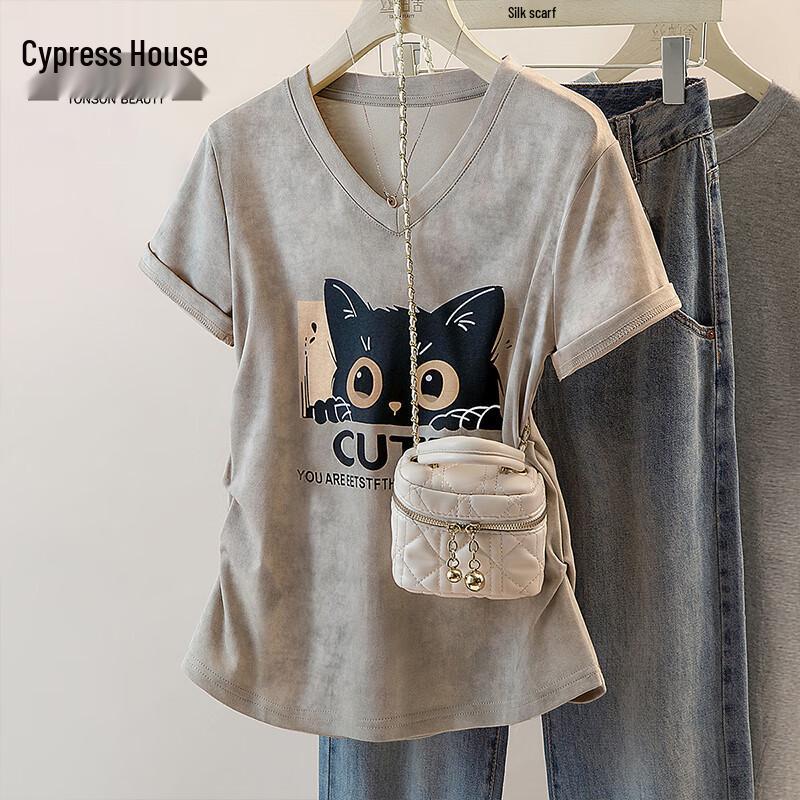 Sibaishe Women s V-Neck Cartoon Print Short Sleeve T-Shirt M