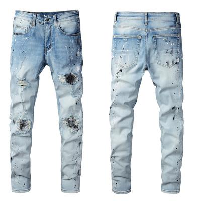 Fashion Men's Denim Micro-stretch Cotton Youth Light Blue Splatter Paint Hole Patch Jeans