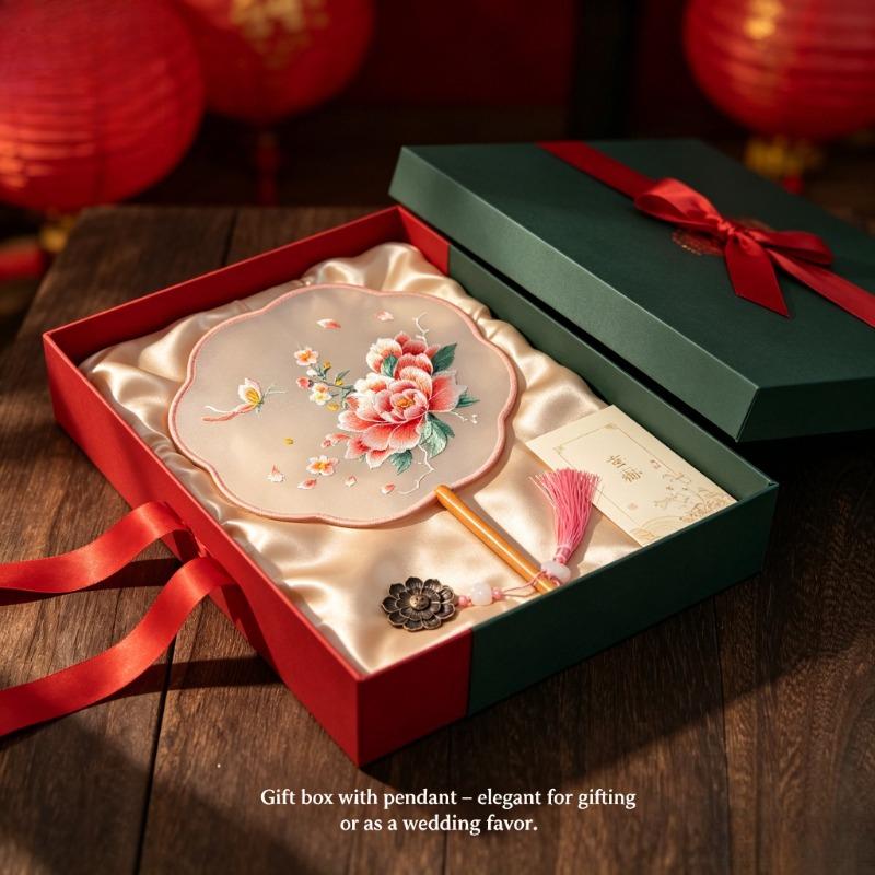 2Each Side of the Embroidered Peony Round Fan Features..8.27inch Tulle Fan Surface and5.9Inch Natural Wood Handle Offers a Smooth and Comfortable