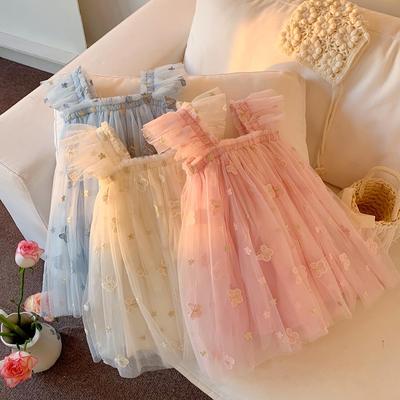 Netzkleid mit Schmetterlingsstickerei: Sommer 2025 Baby Mädchen Prinzessin Puffärmel Rock