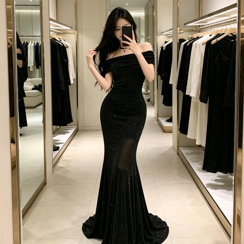 High-end Exquisite Long Dress Spring and Summer Royal Sister Style Spice Girl Sexy One-word Shoulder Slim Fit Hip Wrap Fishtail Dress